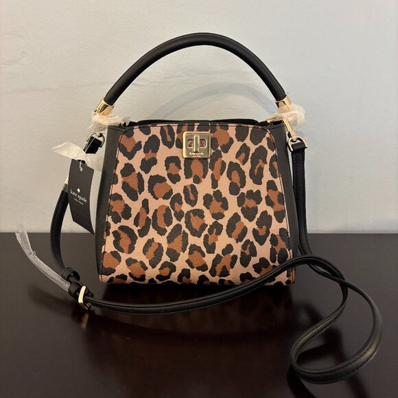 Kate Spade Phoebe Brown Black Leopard Print Leather Top Handle Mini Satchel NWT - Picture 1 of 11